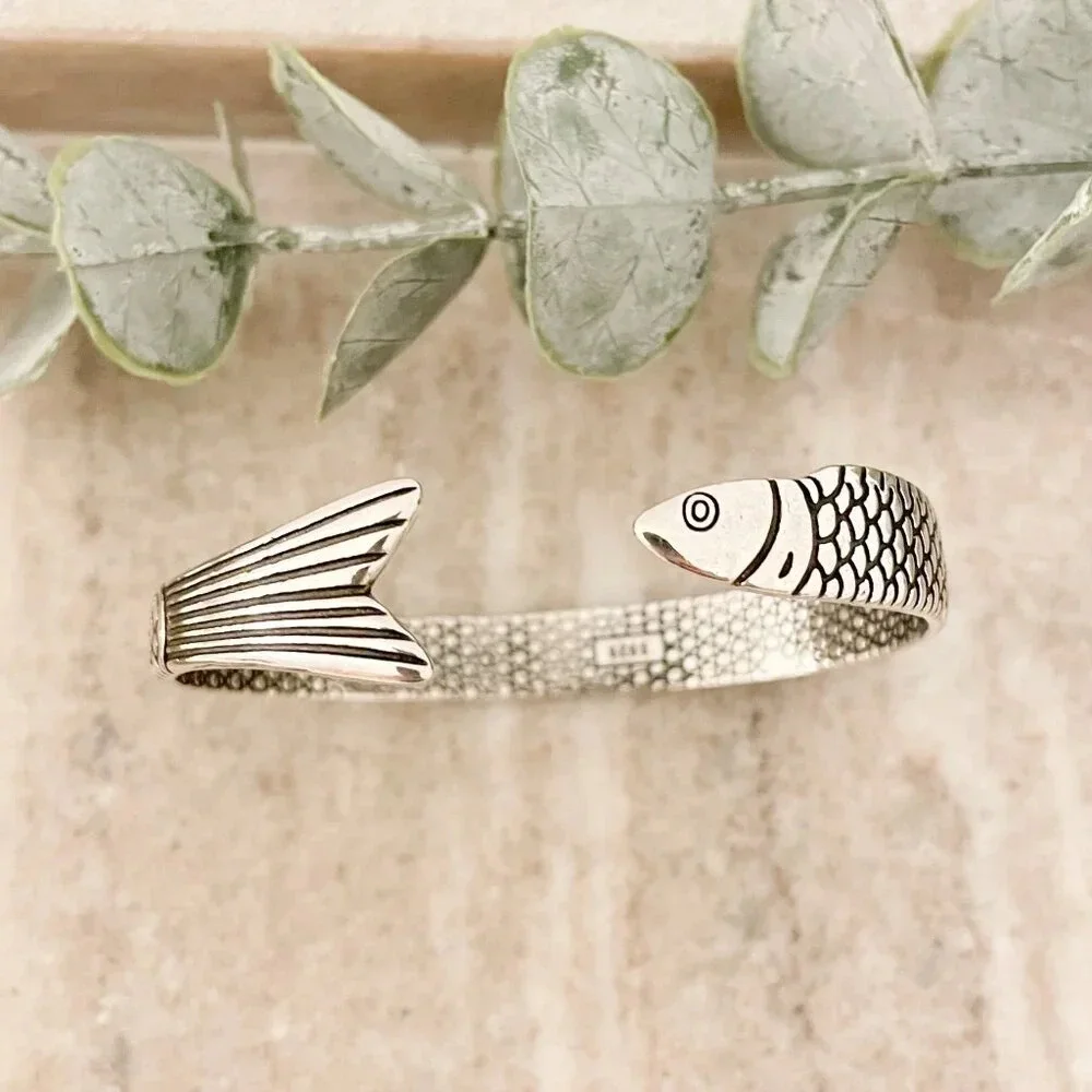 925 Sterling Silver Cuff Bracelet Fish Bracelet Modern Silver Bangle Bracelet
